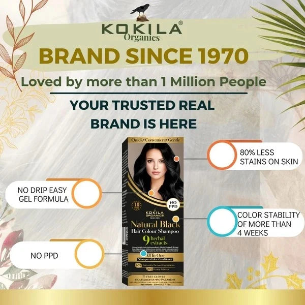 Kokila NO PPD Shampoo Hair Colour - Natural Black for Women and Men