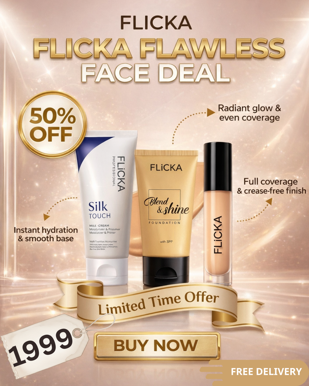 FLICKA Silk Touch & Blend & Shine Face Perfection Duo | Hydrating Primer + SPF Foundation
